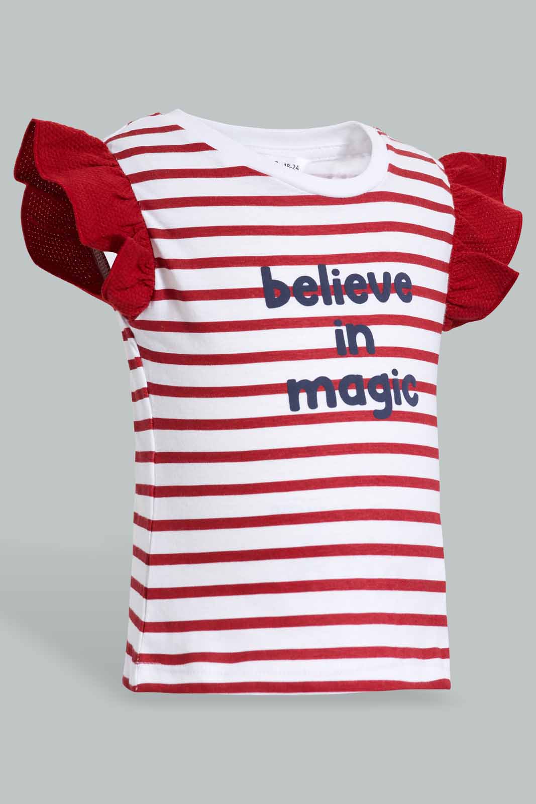 Redtag-Red-Stripes-Ruffle-Sleeves-T-Shirt-With-Shorts-Category:Sets,-Colour:Red,-Deals:New-In,-Filter:Infant-Girls-(3-to-24-Mths),-ING-Sets,-New-In-ING-APL,-Non-Sale,-Section:Girls-(0-to-14Yrs),-W22O-Infant-Girls-3 to 24 Months