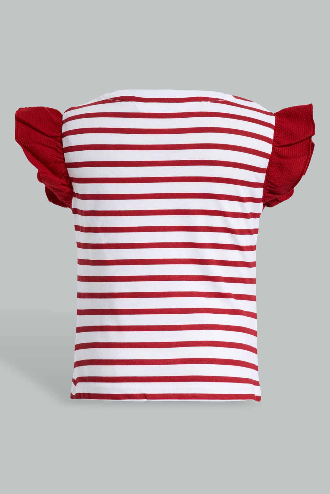Redtag-Red-Stripes-Ruffle-Sleeves-T-Shirt-With-Shorts-Category:Sets,-Colour:Red,-Deals:New-In,-Filter:Infant-Girls-(3-to-24-Mths),-ING-Sets,-New-In-ING-APL,-Non-Sale,-Section:Girls-(0-to-14Yrs),-W22O-Infant-Girls-3 to 24 Months