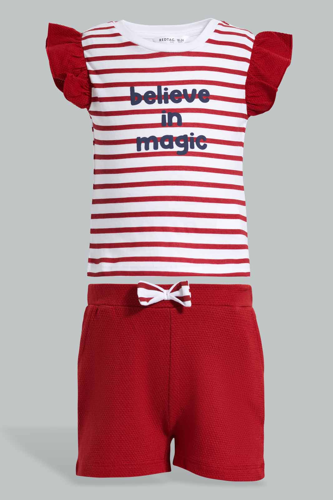 Redtag-Red-Stripes-Ruffle-Sleeves-T-Shirt-With-Shorts-Category:Sets,-Colour:Red,-Deals:New-In,-Filter:Infant-Girls-(3-to-24-Mths),-ING-Sets,-New-In-ING-APL,-Non-Sale,-Section:Girls-(0-to-14Yrs),-W22O-Infant-Girls-3 to 24 Months