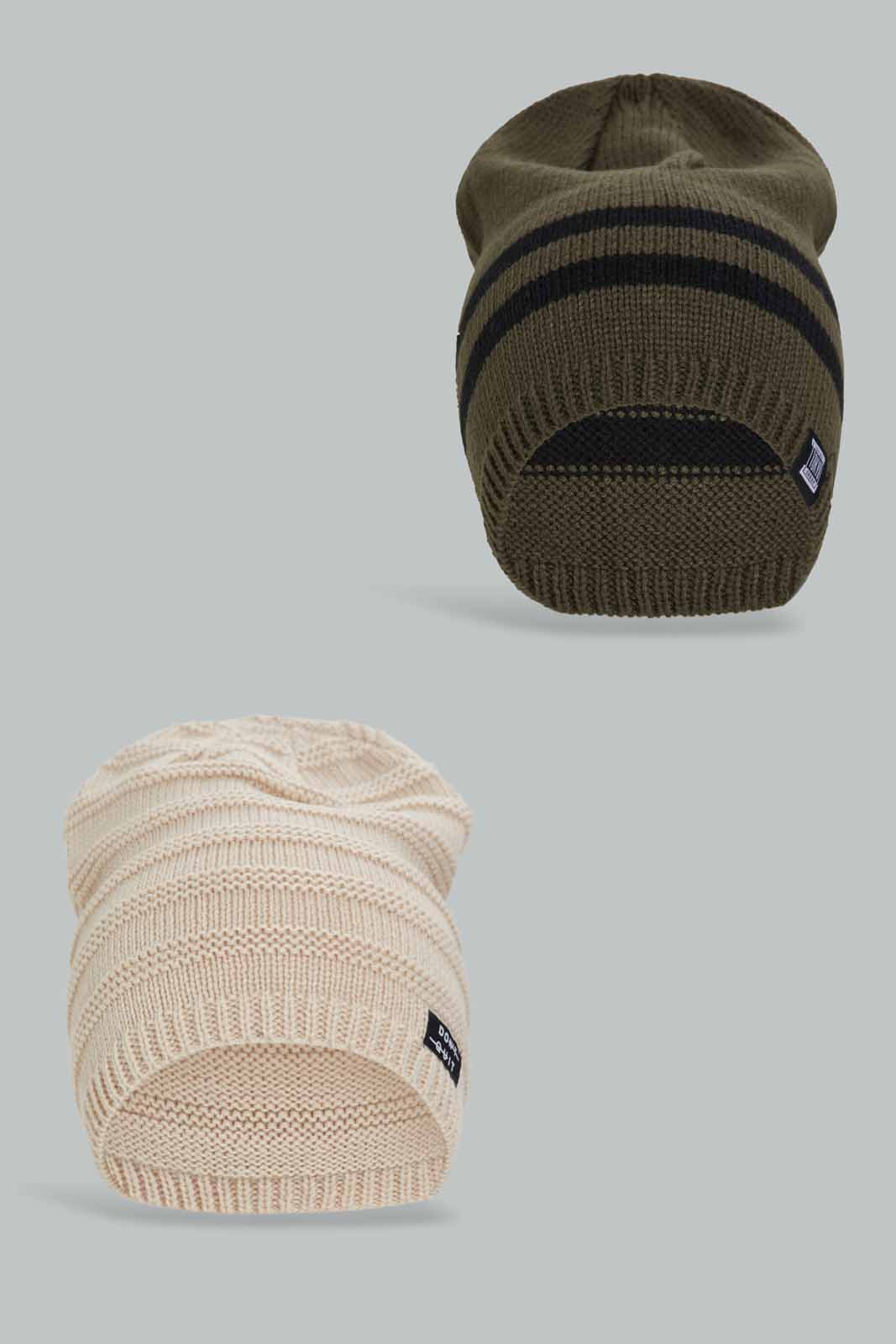Redtag-Olive-And-Beige-Stripe-Knitted-Cap-Set-Of-2-Category:Knitted-Accessories,-Colour:Assorted,-Filter:Men's-Accessories,-Men-Knitted-Accessories,-New-In,-New-In-Men-ACC,-Non-Sale,-Section:Men,-W22A-Men's-