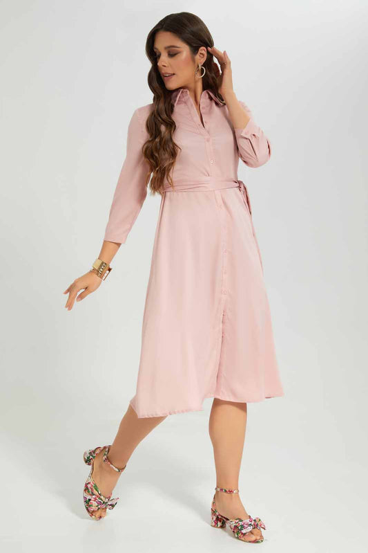 Redtag-Pink-Belted-Dress-Category:Dresses,-Colour:Apricot,-Deals:New-In,-Filter:Women's-Clothing,-New-In-Women-APL,-Non-Sale,-Section:Women,-W22A,-Women-Dresses-Women's-