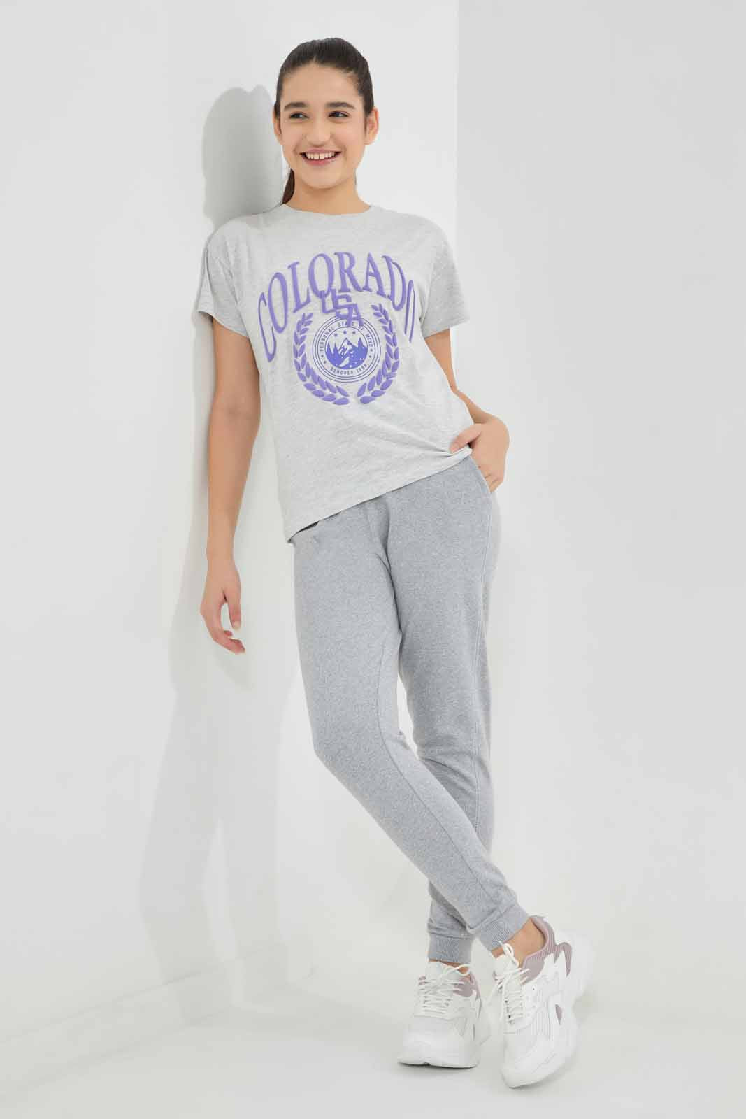Redtag-Grey-Melange-Varsiy-T-Shirt-Category:T-Shirts,-Colour:Grey,-Deals:New-In,-Filter:Senior-Girls-(8-to-14-Yrs),-GSR-T-Shirts,-New-In-GSR-APL,-Non-Sale,-Section:Girls-(0-to-14Yrs),-TBL,-W22A-Senior-Girls-9 to 14 Years