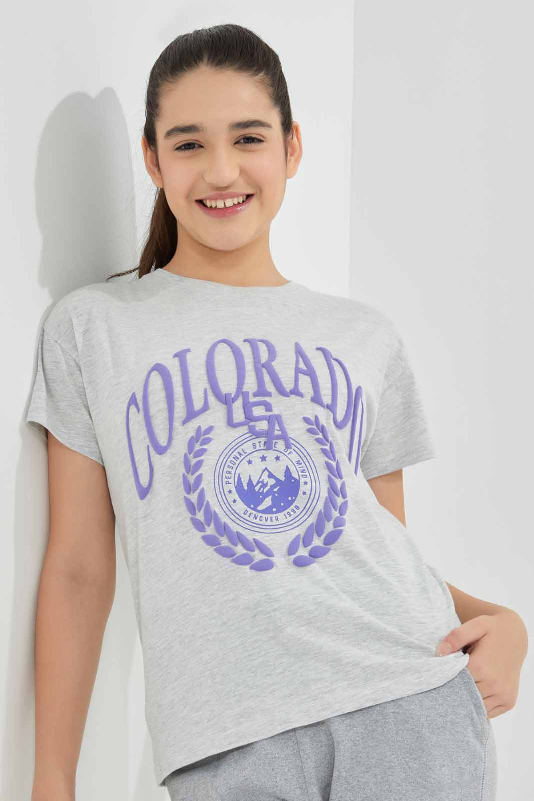 Redtag-Grey-Melange-Varsiy-T-Shirt-Category:T-Shirts,-Colour:Grey,-Deals:New-In,-Filter:Senior-Girls-(8-to-14-Yrs),-GSR-T-Shirts,-New-In-GSR-APL,-Non-Sale,-Section:Girls-(0-to-14Yrs),-TBL,-W22A-Senior-Girls-9 to 14 Years
