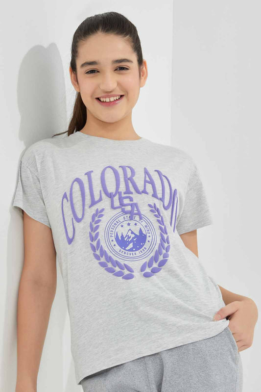 Redtag-Grey-Melange-Varsiy-T-Shirt-Category:T-Shirts,-Colour:Grey,-Deals:New-In,-Filter:Senior-Girls-(8-to-14-Yrs),-GSR-T-Shirts,-New-In-GSR-APL,-Non-Sale,-Section:Girls-(0-to-14Yrs),-TBL,-W22A-Senior-Girls-9 to 14 Years
