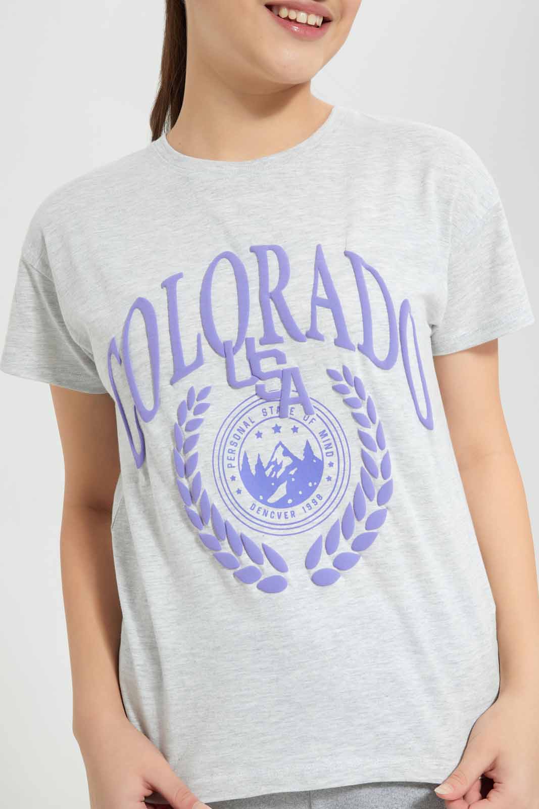 Redtag-Grey-Melange-Varsiy-T-Shirt-Category:T-Shirts,-Colour:Grey,-Deals:New-In,-Filter:Senior-Girls-(8-to-14-Yrs),-GSR-T-Shirts,-New-In-GSR-APL,-Non-Sale,-Section:Girls-(0-to-14Yrs),-TBL,-W22A-Senior-Girls-9 to 14 Years