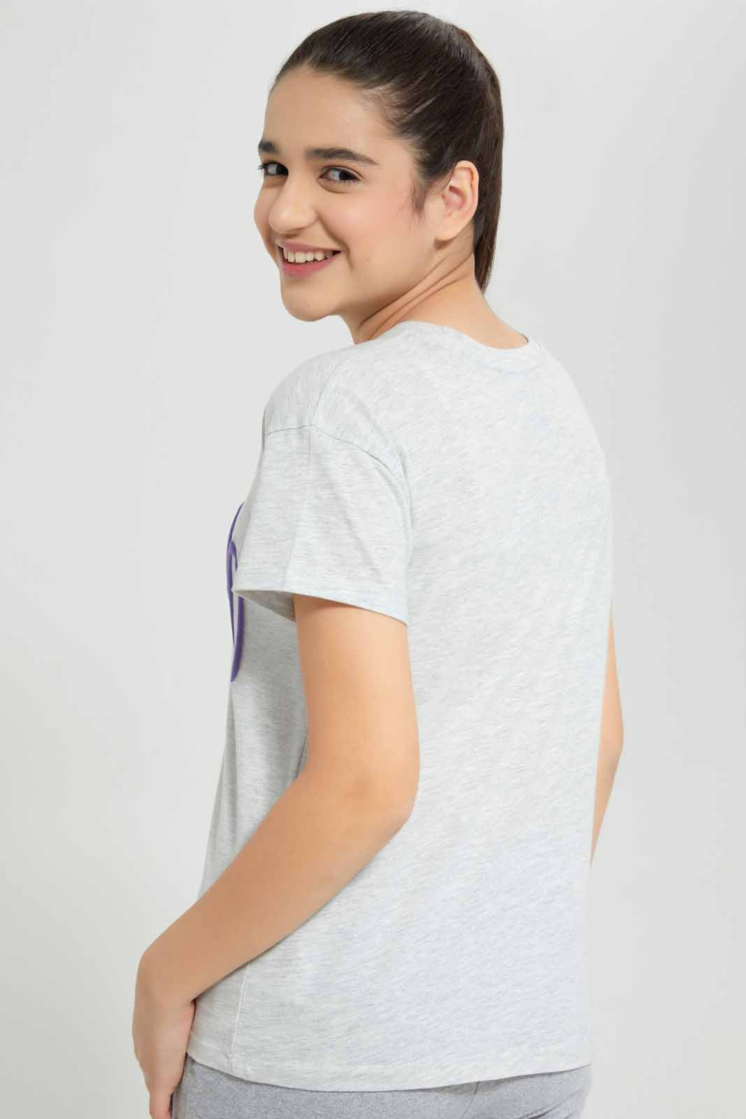 Redtag-Grey-Melange-Varsiy-T-Shirt-Category:T-Shirts,-Colour:Grey,-Deals:New-In,-Filter:Senior-Girls-(8-to-14-Yrs),-GSR-T-Shirts,-New-In-GSR-APL,-Non-Sale,-Section:Girls-(0-to-14Yrs),-TBL,-W22A-Senior-Girls-9 to 14 Years