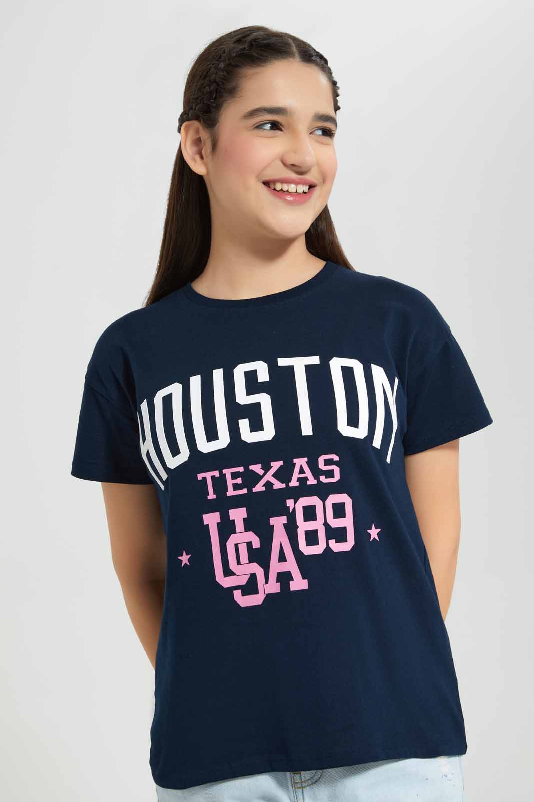 Redtag-Navy-Varsity-T-Shirt-Category:T-Shirts,-Colour:Navy,-Deals:New-In,-Filter:Senior-Girls-(8-to-14-Yrs),-GSR-T-Shirts,-New-In-GSR-APL,-Non-Sale,-Section:Girls-(0-to-14Yrs),-TBL,-W22A-Senior-Girls-9 to 14 Years