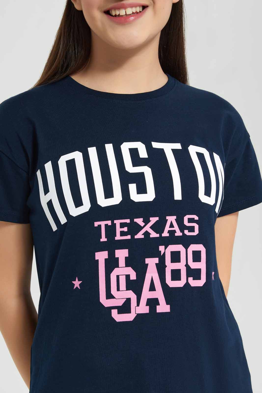 Redtag-Navy-Varsity-T-Shirt-Category:T-Shirts,-Colour:Navy,-Deals:New-In,-Filter:Senior-Girls-(8-to-14-Yrs),-GSR-T-Shirts,-New-In-GSR-APL,-Non-Sale,-Section:Girls-(0-to-14Yrs),-TBL,-W22A-Senior-Girls-9 to 14 Years