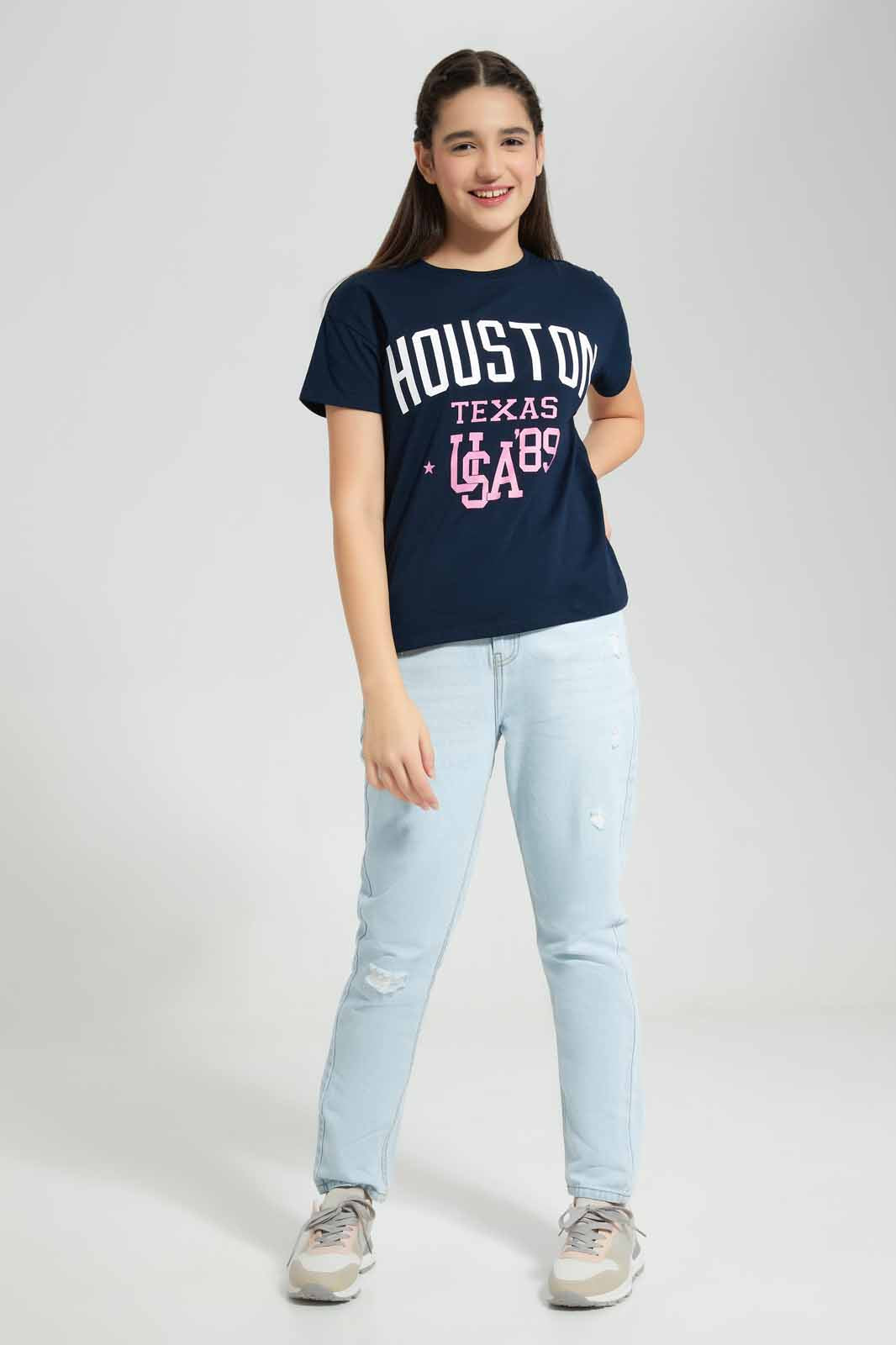 Redtag-Navy-Varsity-T-Shirt-Category:T-Shirts,-Colour:Navy,-Deals:New-In,-Filter:Senior-Girls-(8-to-14-Yrs),-GSR-T-Shirts,-New-In-GSR-APL,-Non-Sale,-Section:Girls-(0-to-14Yrs),-TBL,-W22A-Senior-Girls-9 to 14 Years