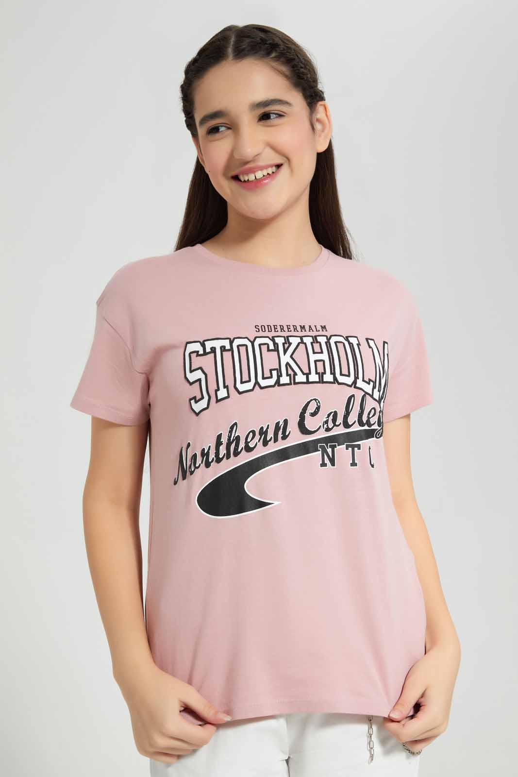 Redtag-Pink-Varsity-T-Shirt-Category:T-Shirts,-Colour:Apricot,-Deals:New-In,-Filter:Senior-Girls-(8-to-14-Yrs),-GSR-T-Shirts,-New-In-GSR-APL,-Non-Sale,-Section:Girls-(0-to-14Yrs),-TBL,-W22A-Senior-Girls-9 to 14 Years