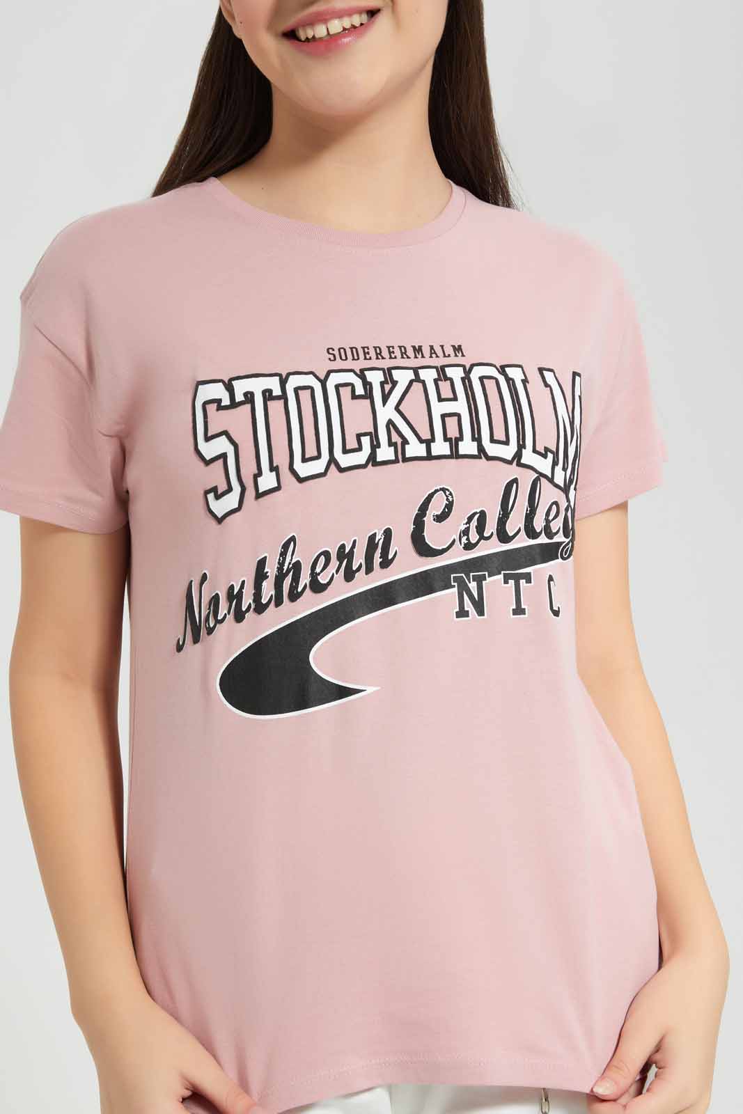 Redtag-Pink-Varsity-T-Shirt-Category:T-Shirts,-Colour:Apricot,-Deals:New-In,-Filter:Senior-Girls-(8-to-14-Yrs),-GSR-T-Shirts,-New-In-GSR-APL,-Non-Sale,-Section:Girls-(0-to-14Yrs),-TBL,-W22A-Senior-Girls-9 to 14 Years