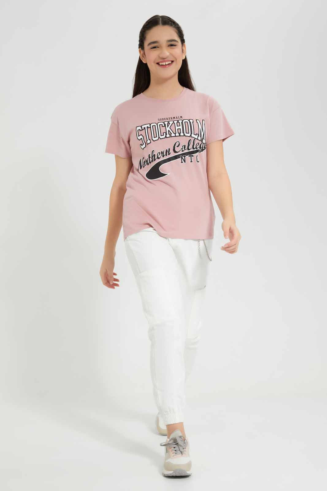 Redtag-Pink-Varsity-T-Shirt-Category:T-Shirts,-Colour:Apricot,-Deals:New-In,-Filter:Senior-Girls-(8-to-14-Yrs),-GSR-T-Shirts,-New-In-GSR-APL,-Non-Sale,-Section:Girls-(0-to-14Yrs),-TBL,-W22A-Senior-Girls-9 to 14 Years