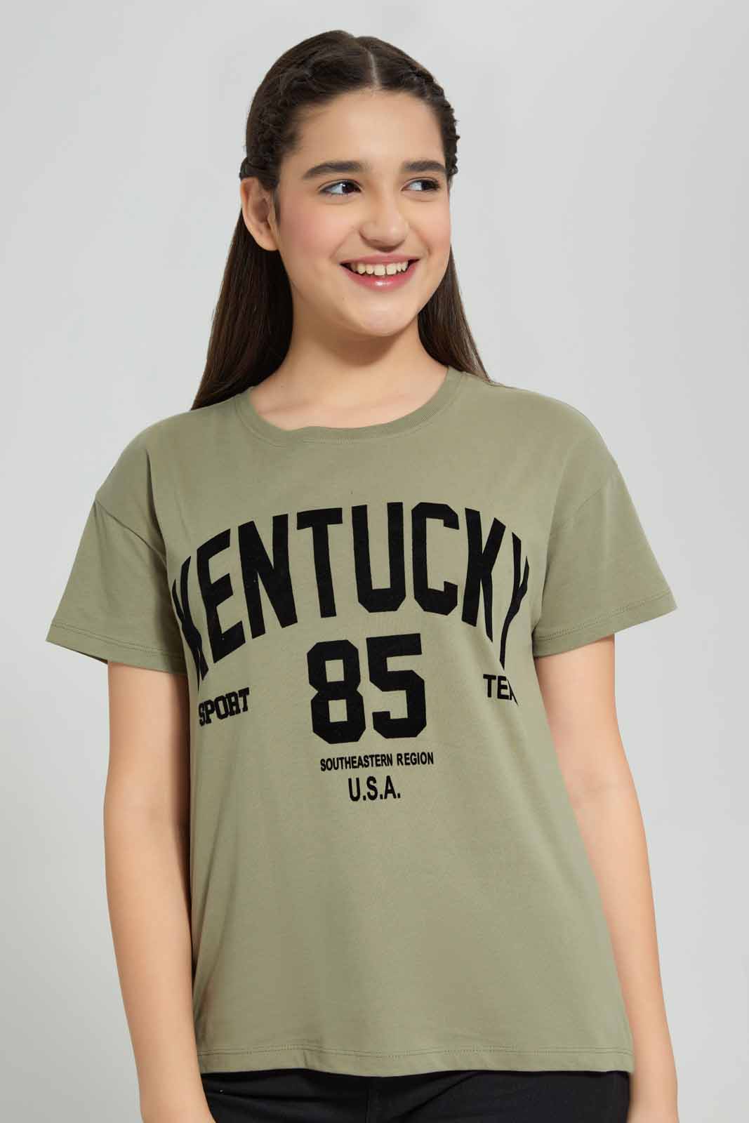 Redtag-Olive-Varsity-T-Shirt-Category:T-Shirts,-Colour:Olive,-Deals:New-In,-Filter:Senior-Girls-(8-to-14-Yrs),-GSR-T-Shirts,-New-In-GSR-APL,-Non-Sale,-Section:Girls-(0-to-14Yrs),-TBL,-W22A-Senior-Girls-9 to 14 Years