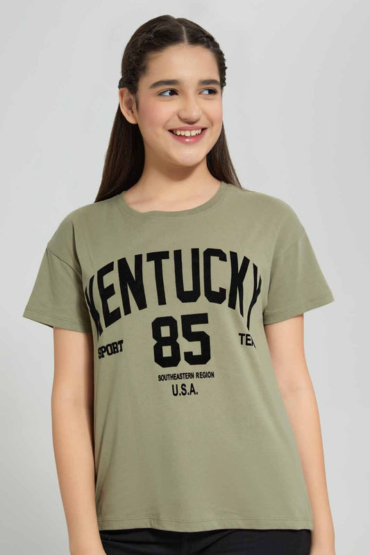 Redtag-Olive-Varsity-T-Shirt-Category:T-Shirts,-Colour:Olive,-Deals:New-In,-Filter:Senior-Girls-(8-to-14-Yrs),-GSR-T-Shirts,-New-In-GSR-APL,-Non-Sale,-Section:Girls-(0-to-14Yrs),-TBL,-W22A-Senior-Girls-9 to 14 Years