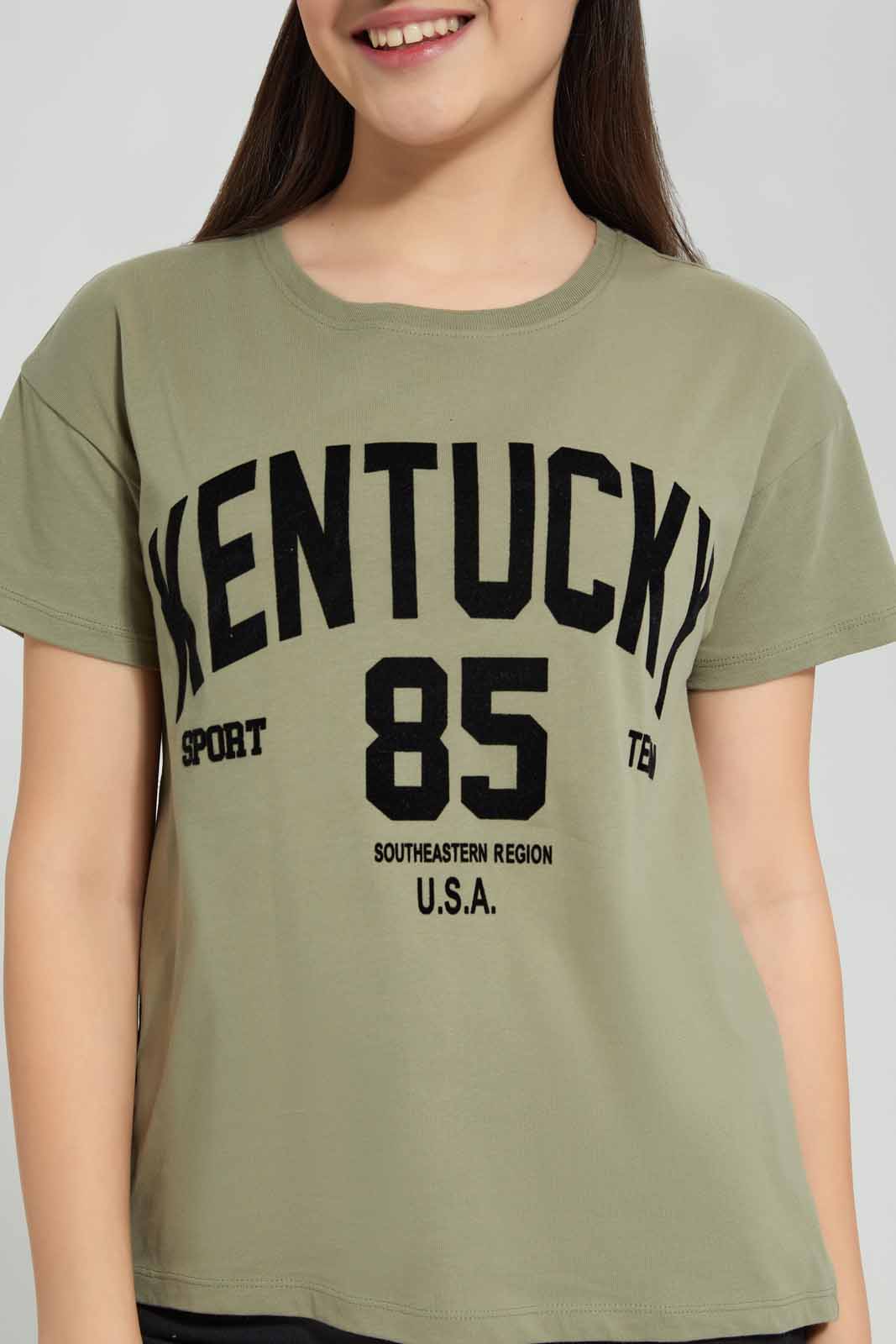 Redtag-Olive-Varsity-T-Shirt-Category:T-Shirts,-Colour:Olive,-Deals:New-In,-Filter:Senior-Girls-(8-to-14-Yrs),-GSR-T-Shirts,-New-In-GSR-APL,-Non-Sale,-Section:Girls-(0-to-14Yrs),-TBL,-W22A-Senior-Girls-9 to 14 Years