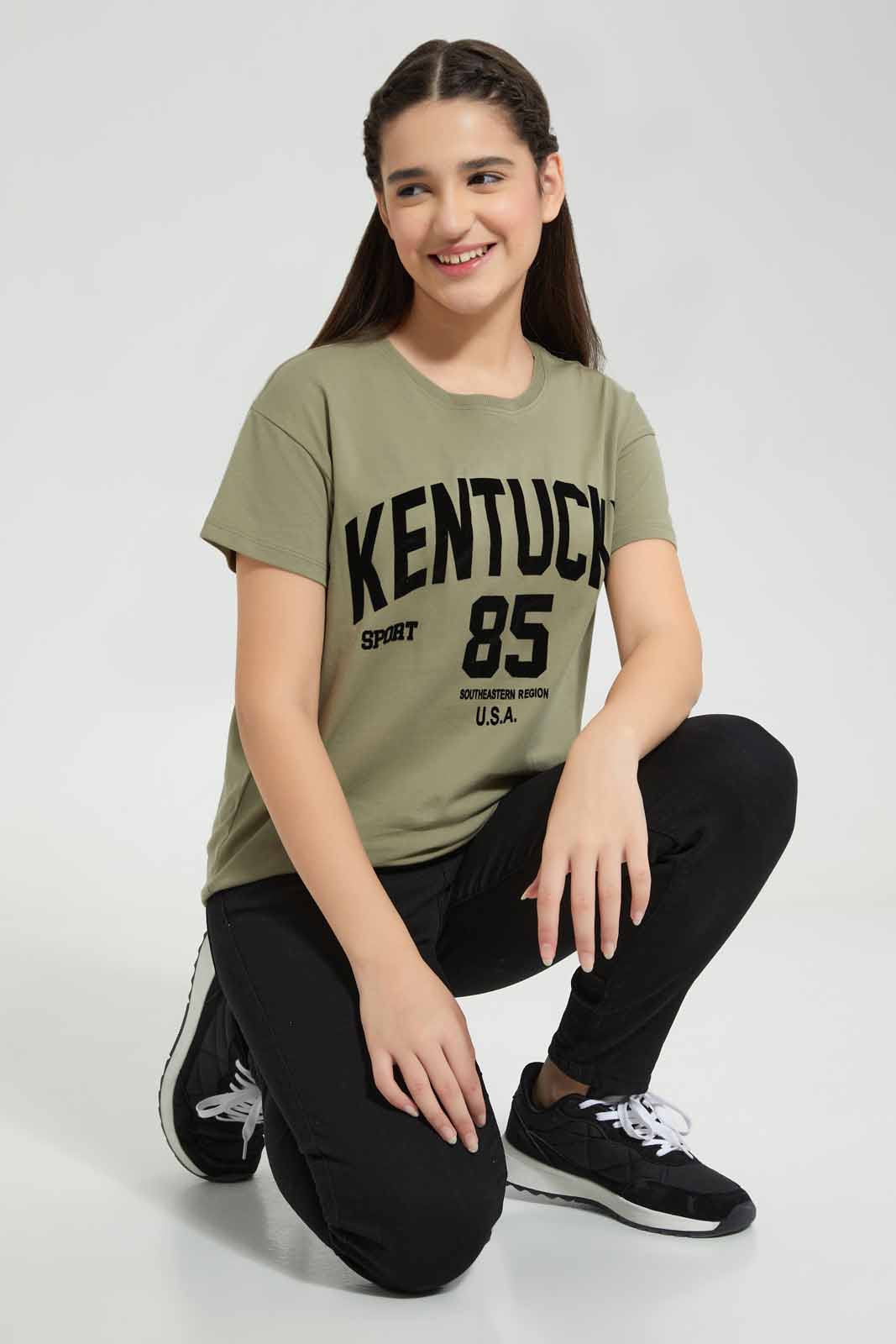 Redtag-Olive-Varsity-T-Shirt-Category:T-Shirts,-Colour:Olive,-Deals:New-In,-Filter:Senior-Girls-(8-to-14-Yrs),-GSR-T-Shirts,-New-In-GSR-APL,-Non-Sale,-Section:Girls-(0-to-14Yrs),-TBL,-W22A-Senior-Girls-9 to 14 Years