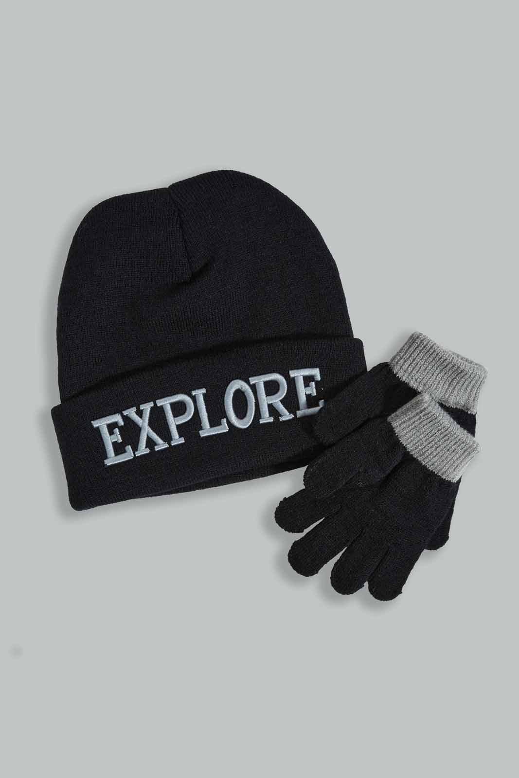 Redtag-Black-Knitted-Cap-Set-Of-2-With-Gloves-BOY-Knitted-Accessories,-Category:Knitted-Accessories,-Colour:Black,-Filter:Boys-Accessories,-New-In,-New-In-BOY-ACC,-Non-Sale,-Section:Boys-(0-to-14Yrs),-W22B-Boys-
