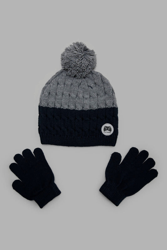 Redtag-Grey-And-Navy-Blue-Knitted-Cap-Set-Of-2-With-Gloves-BOY-Knitted-Accessories,-Category:Knitted-Accessories,-Colour:Assorted,-Filter:Boys-Accessories,-New-In,-New-In-BOY-ACC,-Non-Sale,-Section:Boys-(0-to-14Yrs),-W22B-Boys-