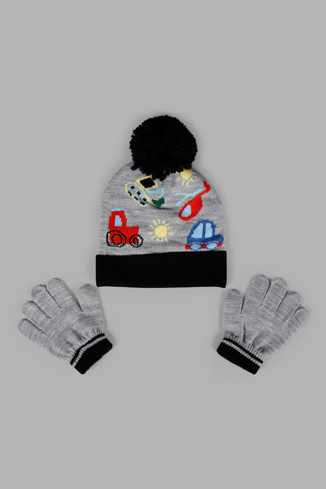 Redtag-Grey-Printed-Knitted-Cap-Set-Of-2-With-Gloves-BOY-Knitted-Accessories,-Category:Knitted-Accessories,-Colour:Grey,-Filter:Boys-Accessories,-New-In,-New-In-BOY-ACC,-Non-Sale,-Section:Boys-(0-to-14Yrs),-W22A-Boys-