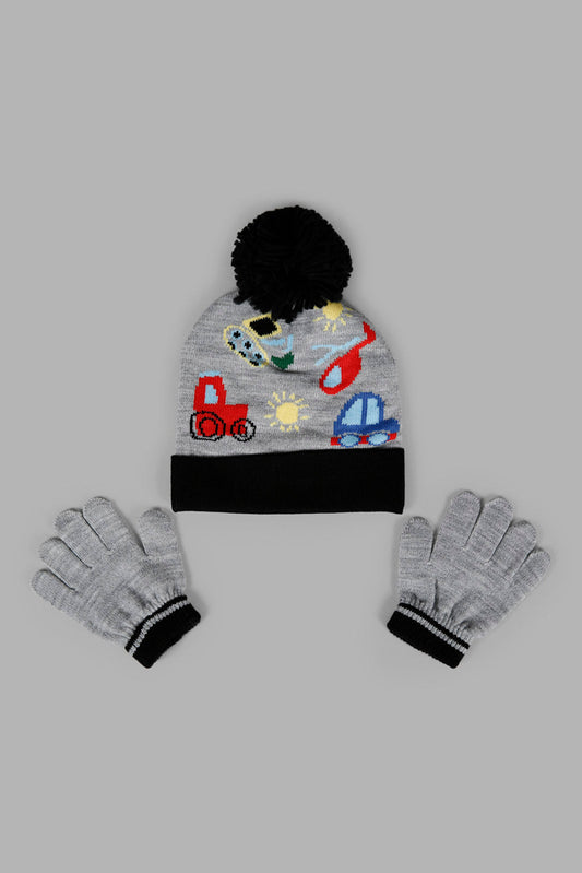 Redtag-Grey-Printed-Knitted-Cap-Set-Of-2-With-Gloves-BOY-Knitted-Accessories,-Category:Knitted-Accessories,-Colour:Grey,-Filter:Boys-Accessories,-New-In,-New-In-BOY-ACC,-Non-Sale,-Section:Boys-(0-to-14Yrs),-W22A-Boys-