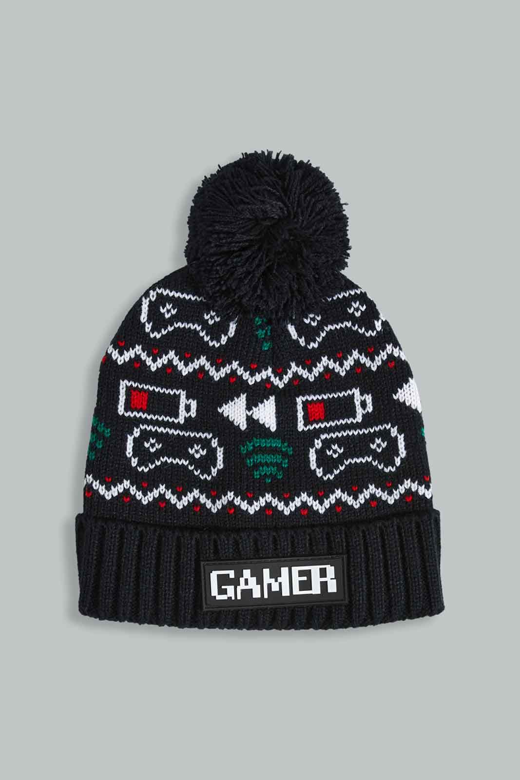 Redtag-Black-Knitted-Cap-Set-Of-3-With-Scarf-0,-Category:0,-Colour:Black,-Filter:Boys-Accessories,-New-In,-New-In-BOY-ACC,-Non-Sale,-Section:Boys-(0-to-14Yrs),-W22A-Boys-