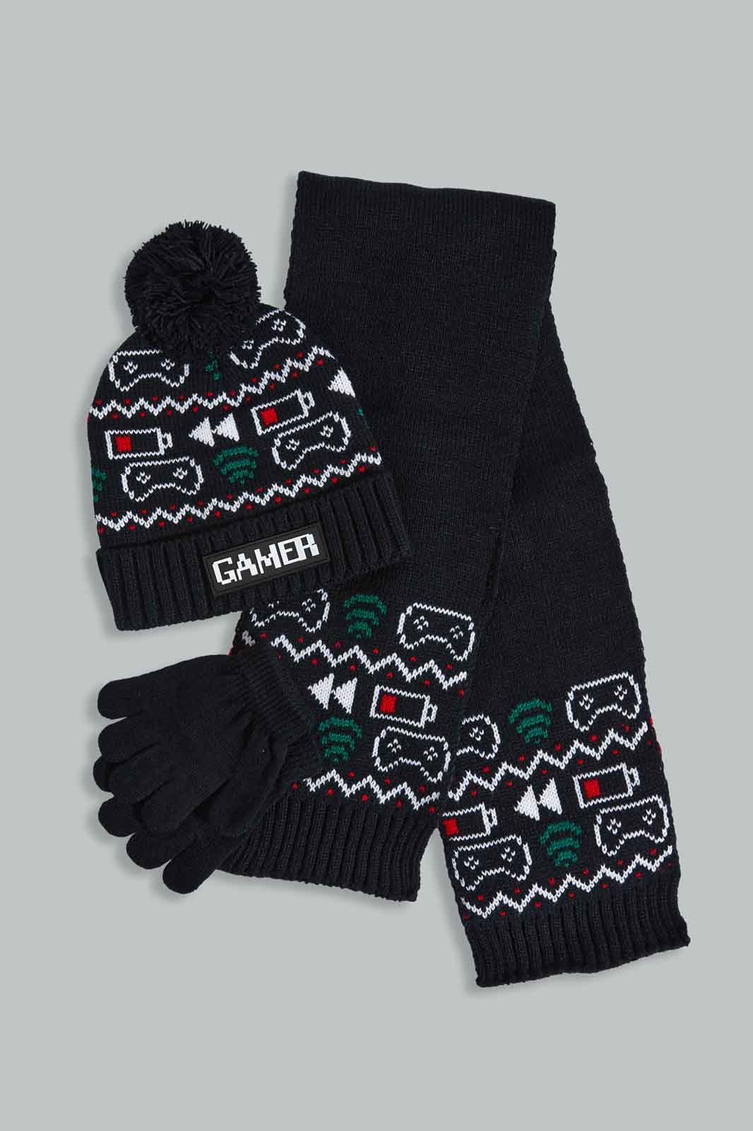 Redtag-Black-Knitted-Cap-Set-Of-3-With-Scarf-0,-Category:0,-Colour:Black,-Filter:Boys-Accessories,-New-In,-New-In-BOY-ACC,-Non-Sale,-Section:Boys-(0-to-14Yrs),-W22A-Boys-