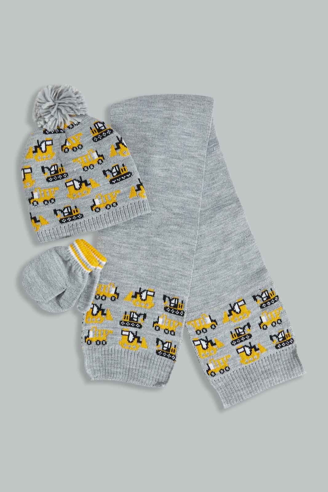 Redtag-Grey-Cahrcater-Knitted-Cap-Set-Of-3-With-Scarf-0,-Category:0,-Colour:Assorted,-Filter:Boys-Accessories,-New-In,-New-In-BOY-ACC,-Non-Sale,-Section:Boys-(0-to-14Yrs),-W22A-Boys-