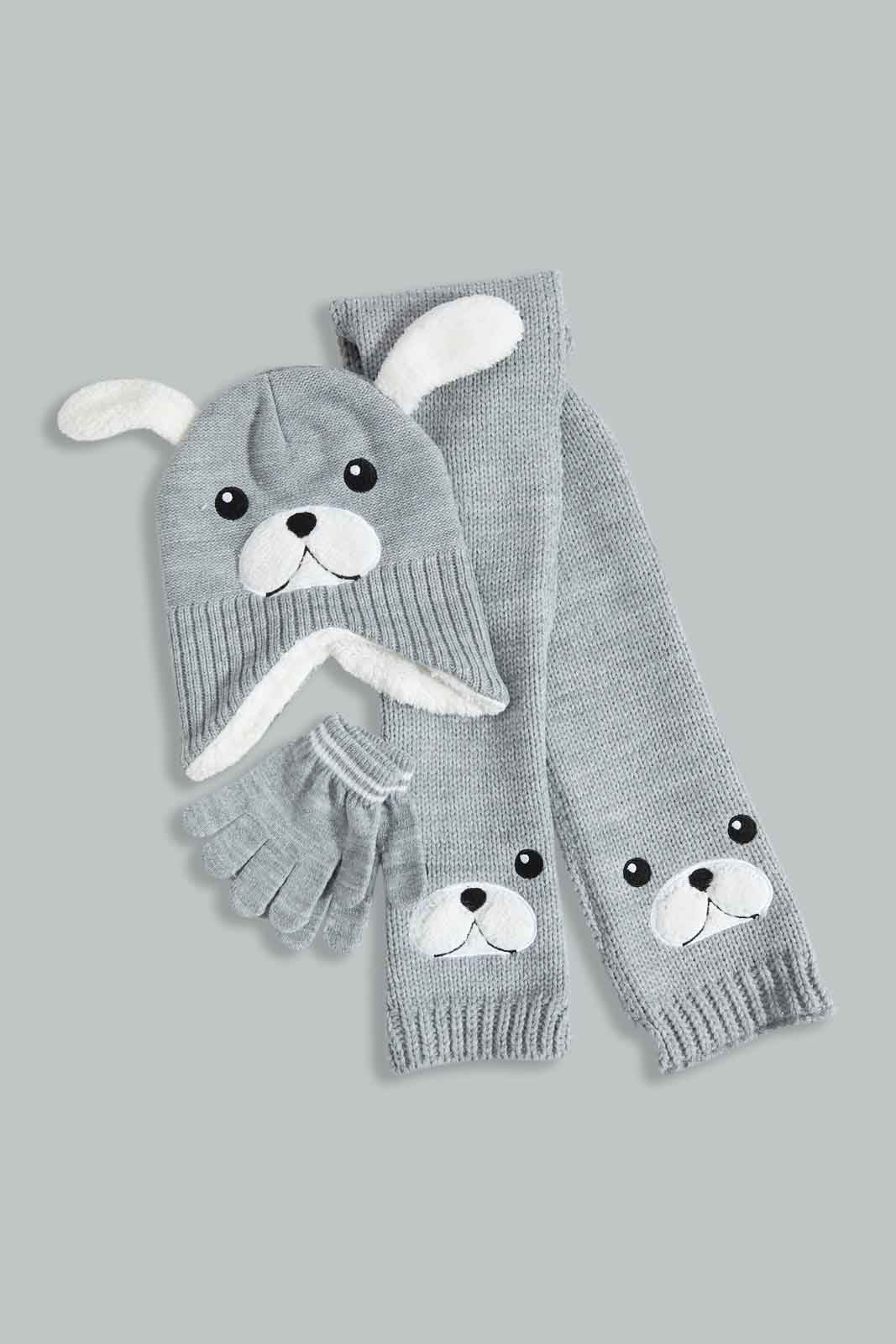 Redtag-Grey-Cahrcater-Knitted-Cap-Set-Of-3-With-Scarf-0,-Category:0,-Colour:Grey,-Filter:Boys-Accessories,-New-In,-New-In-BOY-ACC,-Non-Sale,-Section:Boys-(0-to-14Yrs),-W22A-Boys-