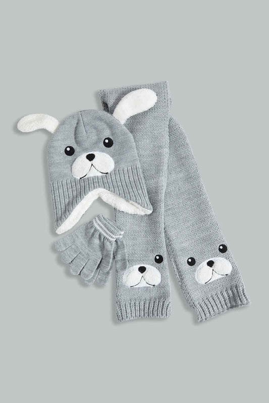 Redtag-Grey-Cahrcater-Knitted-Cap-Set-Of-3-With-Scarf-0,-Category:0,-Colour:Grey,-Filter:Boys-Accessories,-New-In,-New-In-BOY-ACC,-Non-Sale,-Section:Boys-(0-to-14Yrs),-W22A-Boys-