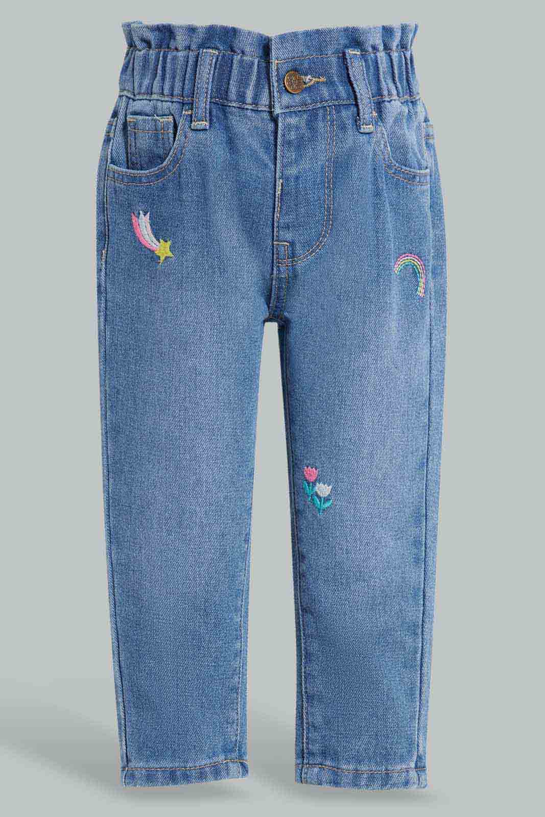 Redtag-Blue-Paperbag-Embroidered-Jeans-Category:Jeans,-Colour:Blue,-Deals:New-In,-Filter:Infant-Girls-(3-to-24-Mths),-ING-Jeans,-New-In-ING-APL,-Non-Sale,-Section:Girls-(0-to-14Yrs),-W22A-Infant-Girls-3 to 24 Months