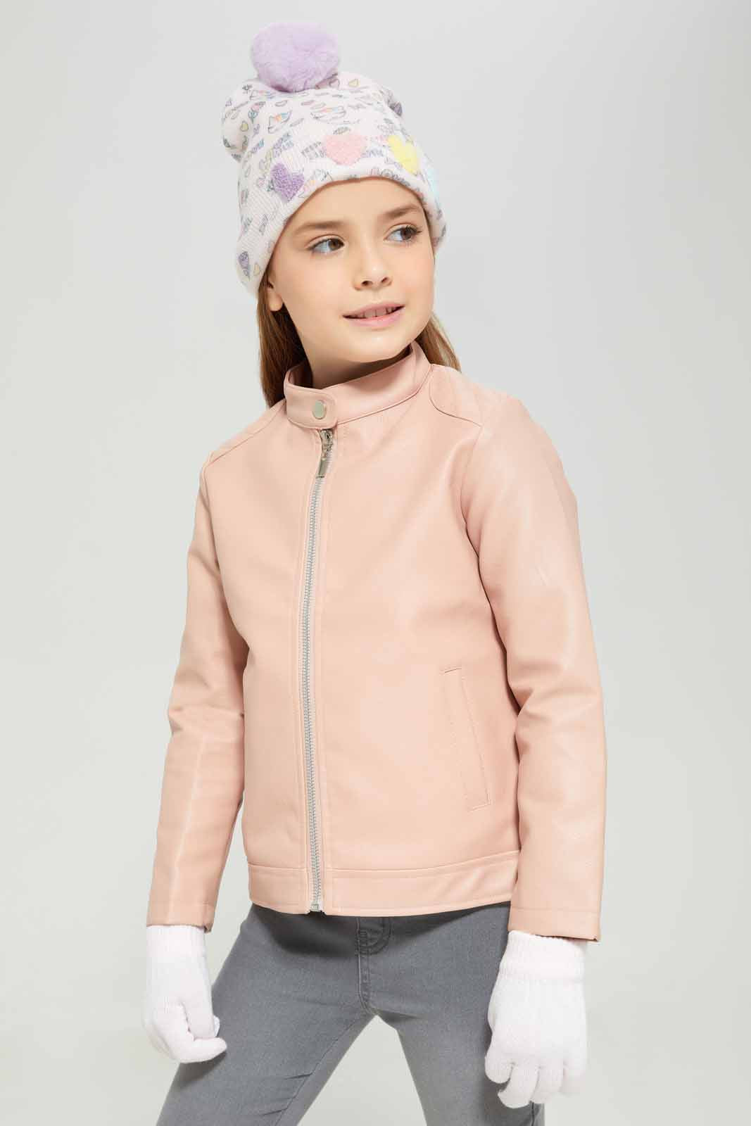 Girls Pink Printed Knitted Beanie With Gloves Set (Pack of 2)