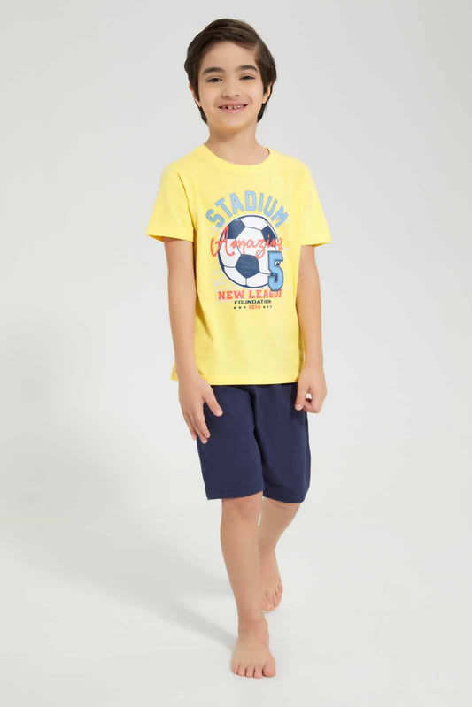 Redtag-Yellow-Football-Print-T-Shirt-And-Short-Pyjama-BOY-Pyjama-Sets,-Category:Pyjama-Sets,-Colour:Yellow,-Deals:New-In,-Filter:Boys-(2-to-8-Yrs),-New-In-BOY-APL,-Non-Sale,-Section:Boys-(0-to-14Yrs),-VLM,-W22O-Boys-2 to 8 Years