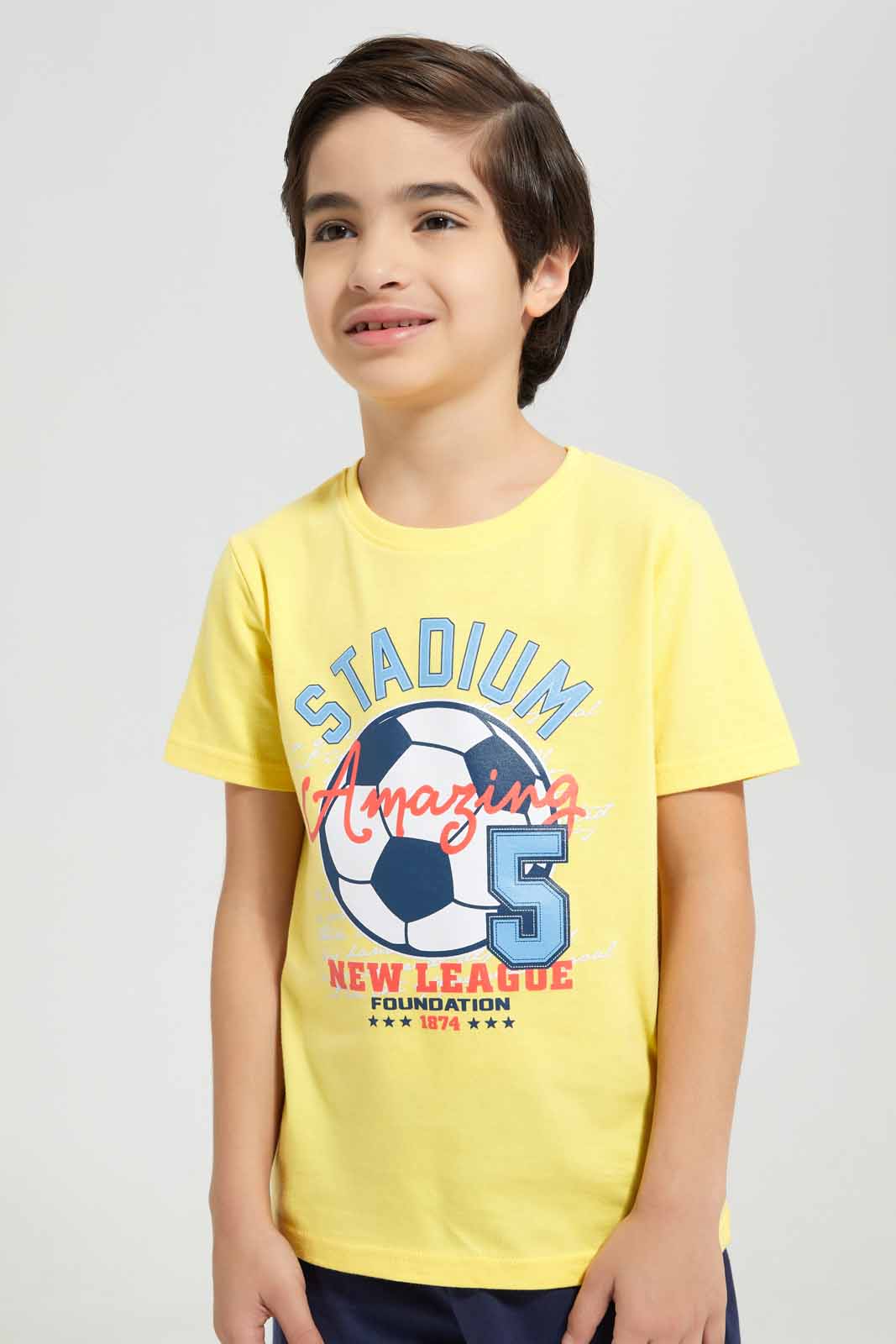 Redtag-Yellow-Football-Print-T-Shirt-And-Short-Pyjama-BOY-Pyjama-Sets,-Category:Pyjama-Sets,-Colour:Yellow,-Deals:New-In,-Filter:Boys-(2-to-8-Yrs),-New-In-BOY-APL,-Non-Sale,-Section:Boys-(0-to-14Yrs),-VLM,-W22O-Boys-2 to 8 Years