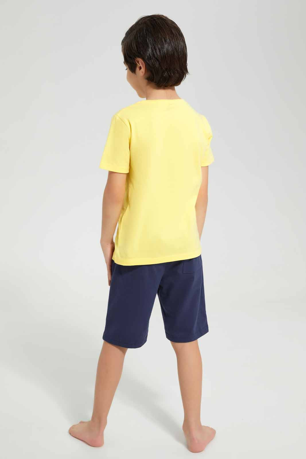 Redtag-Yellow-Football-Print-T-Shirt-And-Short-Pyjama-BOY-Pyjama-Sets,-Category:Pyjama-Sets,-Colour:Yellow,-Deals:New-In,-Filter:Boys-(2-to-8-Yrs),-New-In-BOY-APL,-Non-Sale,-Section:Boys-(0-to-14Yrs),-VLM,-W22O-Boys-2 to 8 Years