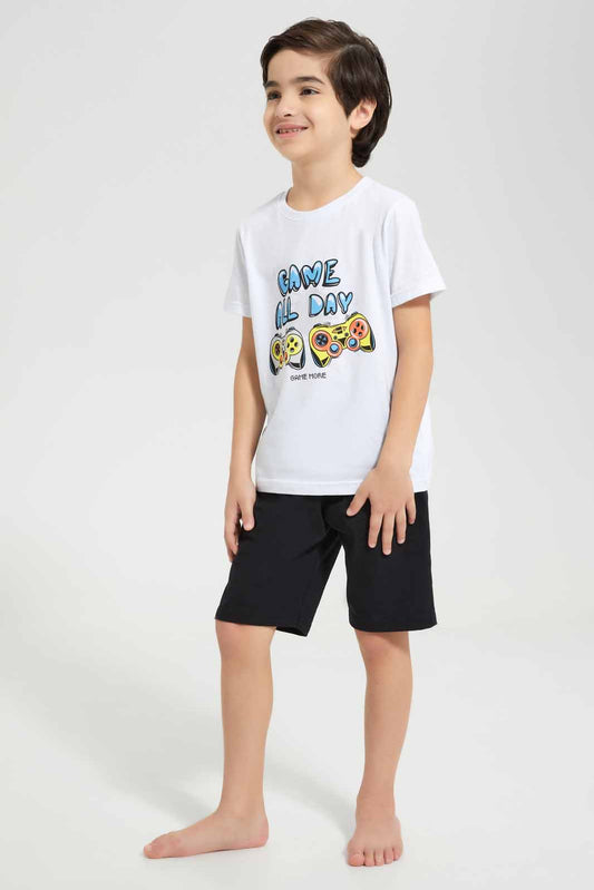 Redtag-White-Game-Print-T-Shirt-And-Short-Pyjama-BOY-Pyjama-Sets,-Category:Pyjama-Sets,-Colour:White,-Deals:New-In,-Filter:Boys-(2-to-8-Yrs),-New-In-BOY-APL,-Non-Sale,-Section:Boys-(0-to-14Yrs),-VLM,-W22O-Boys-2 to 8 Years