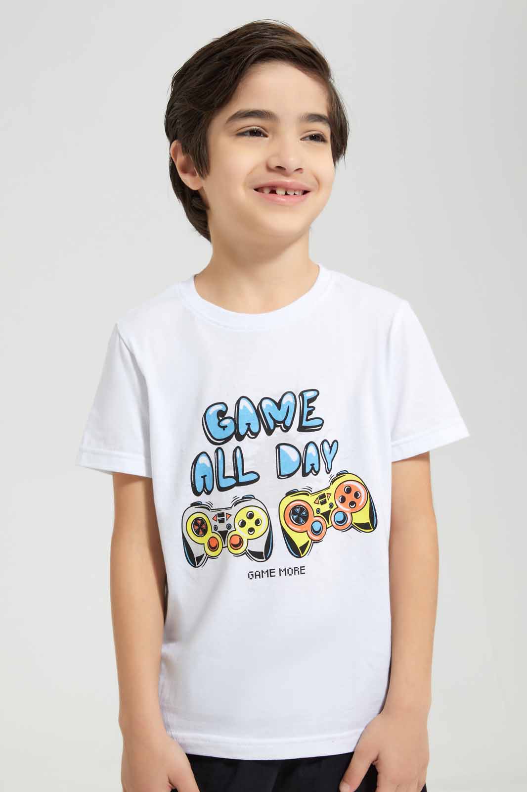 Redtag-White-Game-Print-T-Shirt-And-Short-Pyjama-BOY-Pyjama-Sets,-Category:Pyjama-Sets,-Colour:White,-Deals:New-In,-Filter:Boys-(2-to-8-Yrs),-New-In-BOY-APL,-Non-Sale,-Section:Boys-(0-to-14Yrs),-VLM,-W22O-Boys-2 to 8 Years