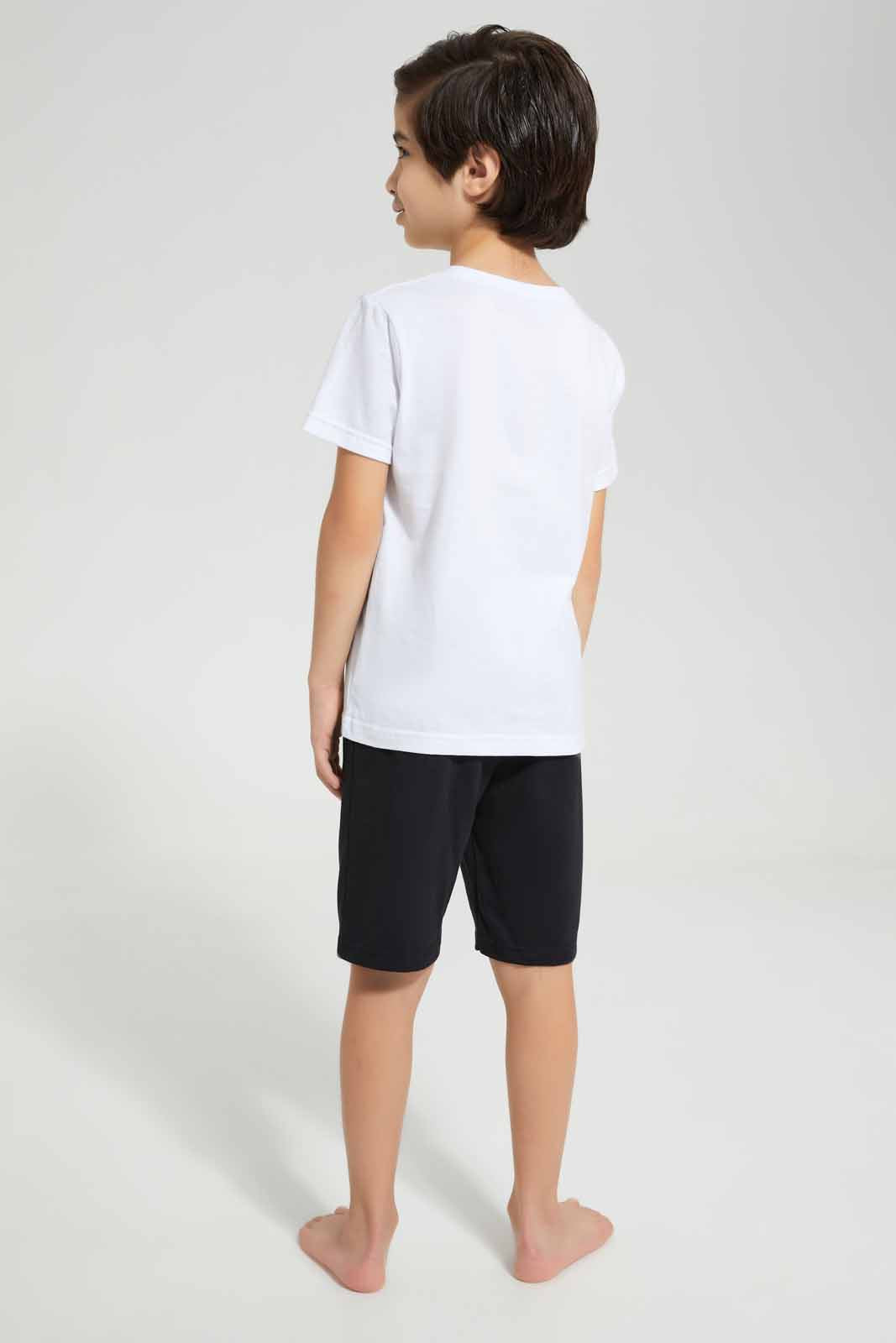 Redtag-White-Game-Print-T-Shirt-And-Short-Pyjama-BOY-Pyjama-Sets,-Category:Pyjama-Sets,-Colour:White,-Deals:New-In,-Filter:Boys-(2-to-8-Yrs),-New-In-BOY-APL,-Non-Sale,-Section:Boys-(0-to-14Yrs),-VLM,-W22O-Boys-2 to 8 Years