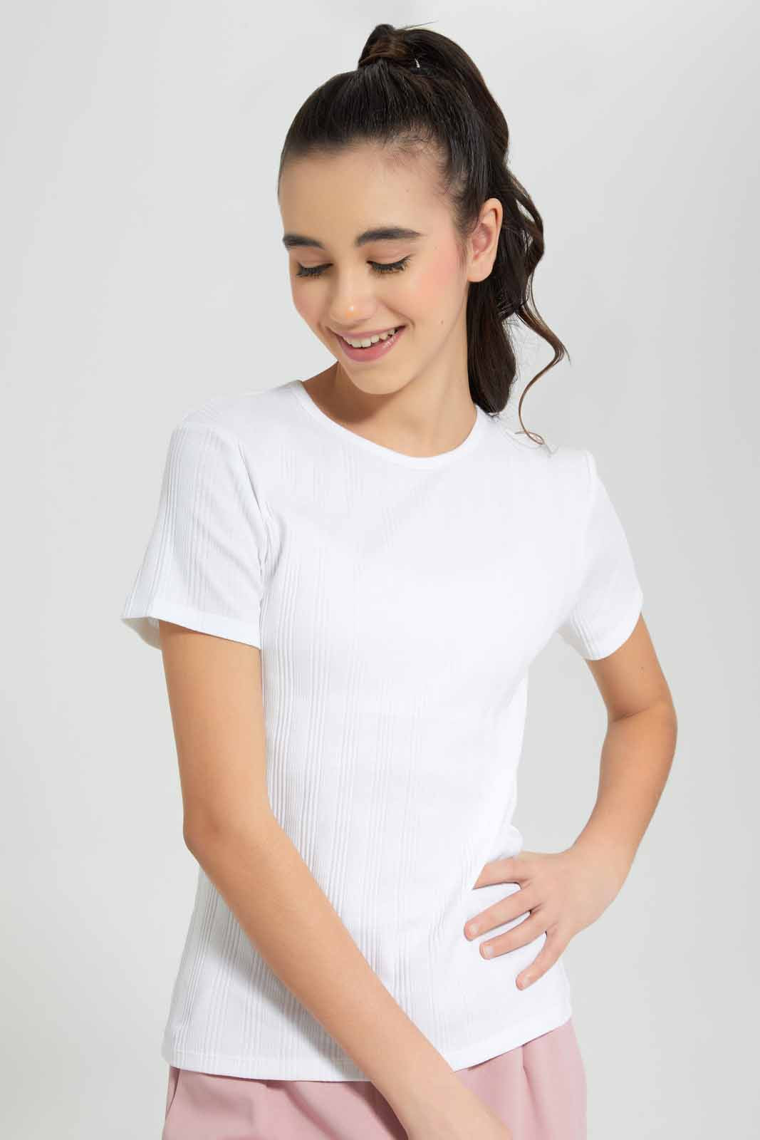 Redtag-White-Rib-T-Shirts-Category:T-Shirts,-Colour:White,-Deals:New-In,-Filter:Senior-Girls-(9-to-14-Yrs),-GSR-T-Shirts,-New-In-GSR-APL,-Non-Sale,-Section:Girls-(0-to-14Yrs),-TBL,-W22A-Senior-Girls-9 to 14 Years