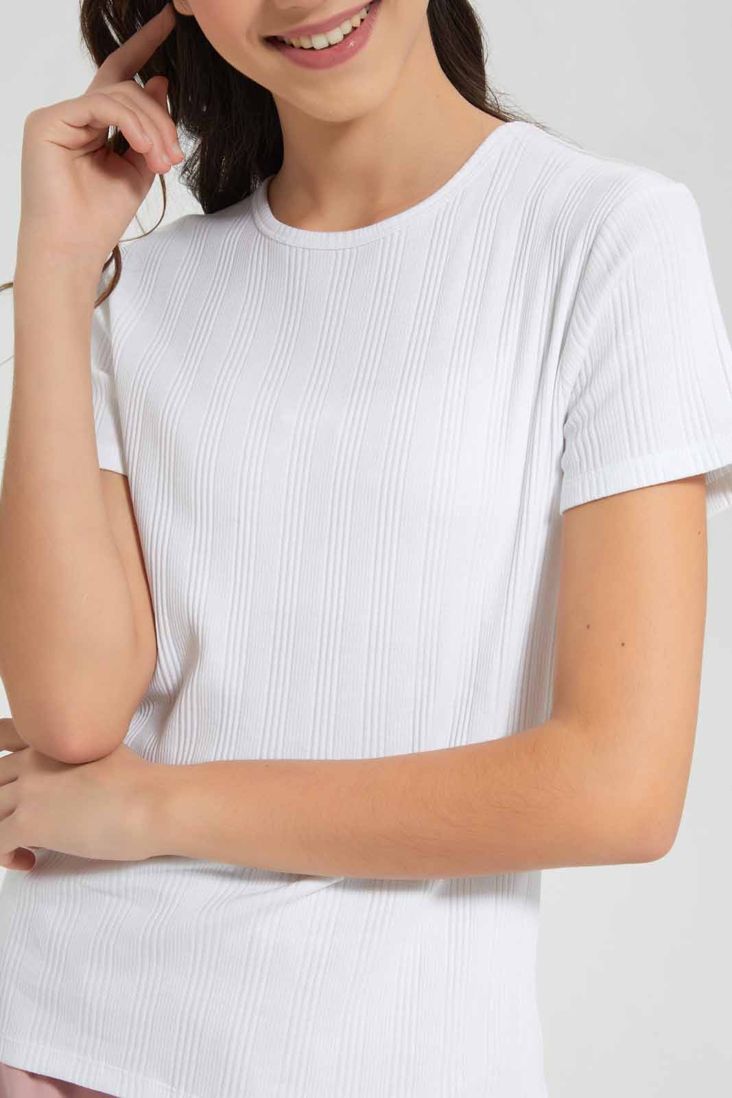 Redtag-White-Rib-T-Shirts-Category:T-Shirts,-Colour:White,-Deals:New-In,-Filter:Senior-Girls-(9-to-14-Yrs),-GSR-T-Shirts,-New-In-GSR-APL,-Non-Sale,-Section:Girls-(0-to-14Yrs),-TBL,-W22A-Senior-Girls-9 to 14 Years