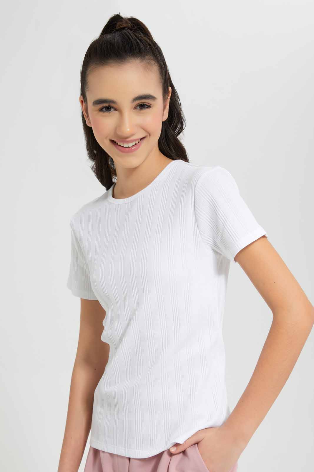 Redtag-White-Rib-T-Shirts-Category:T-Shirts,-Colour:White,-Deals:New-In,-Filter:Senior-Girls-(9-to-14-Yrs),-GSR-T-Shirts,-New-In-GSR-APL,-Non-Sale,-Section:Girls-(0-to-14Yrs),-TBL,-W22A-Senior-Girls-9 to 14 Years