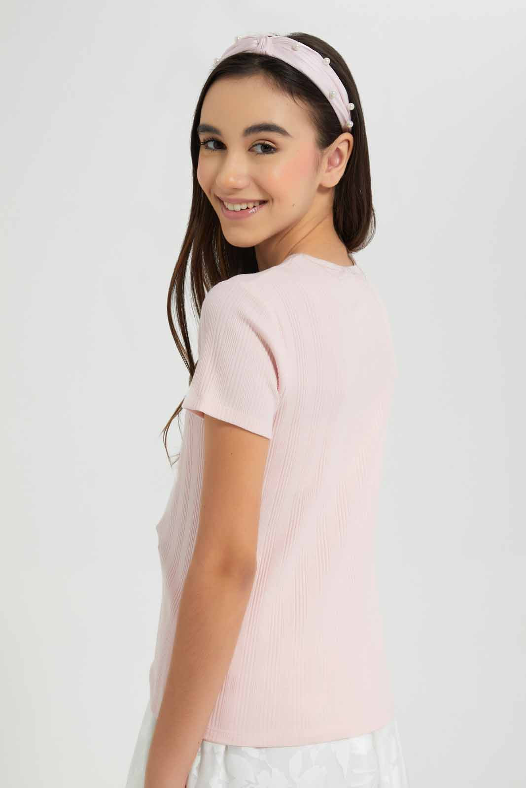 Redtag-Pink-Rib-T-Shirt-Category:T-Shirts,-Colour:Apricot,-Deals:New-In,-Filter:Senior-Girls-(9-to-14-Yrs),-GSR-T-Shirts,-New-In-GSR-APL,-Non-Sale,-Section:Girls-(0-to-14Yrs),-TBL,-W22A-Senior-Girls-9 to 14 Years