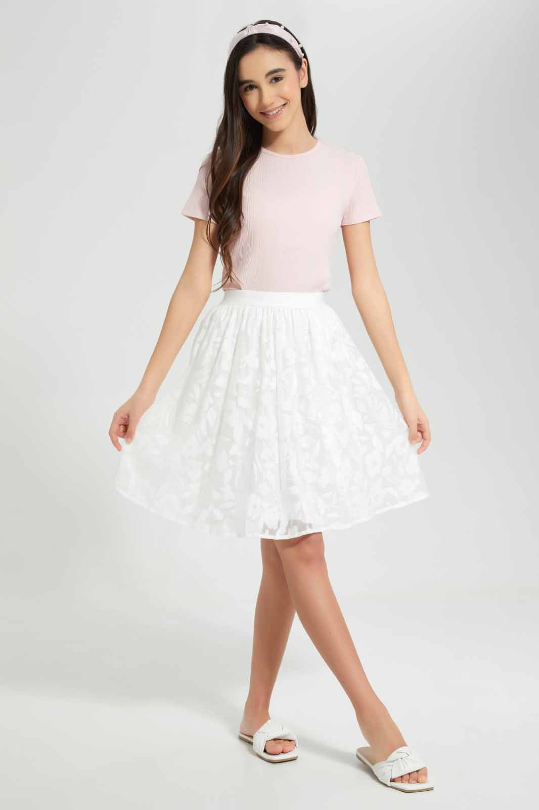 Redtag-Pink-Rib-T-Shirt-Category:T-Shirts,-Colour:Apricot,-Deals:New-In,-Filter:Senior-Girls-(9-to-14-Yrs),-GSR-T-Shirts,-New-In-GSR-APL,-Non-Sale,-Section:Girls-(0-to-14Yrs),-TBL,-W22A-Senior-Girls-9 to 14 Years