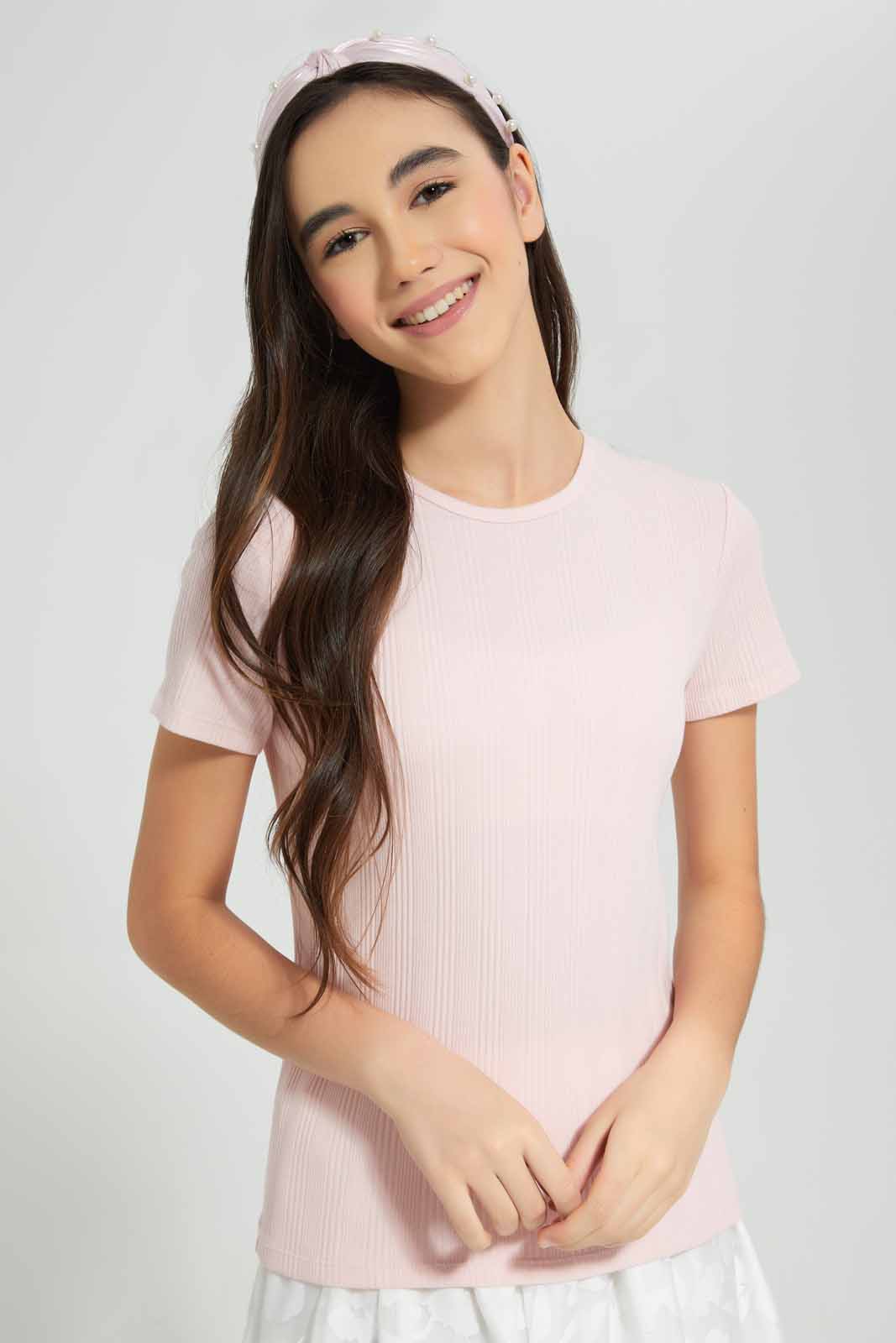 Redtag-Pink-Rib-T-Shirt-Category:T-Shirts,-Colour:Apricot,-Deals:New-In,-Filter:Senior-Girls-(9-to-14-Yrs),-GSR-T-Shirts,-New-In-GSR-APL,-Non-Sale,-Section:Girls-(0-to-14Yrs),-TBL,-W22A-Senior-Girls-9 to 14 Years