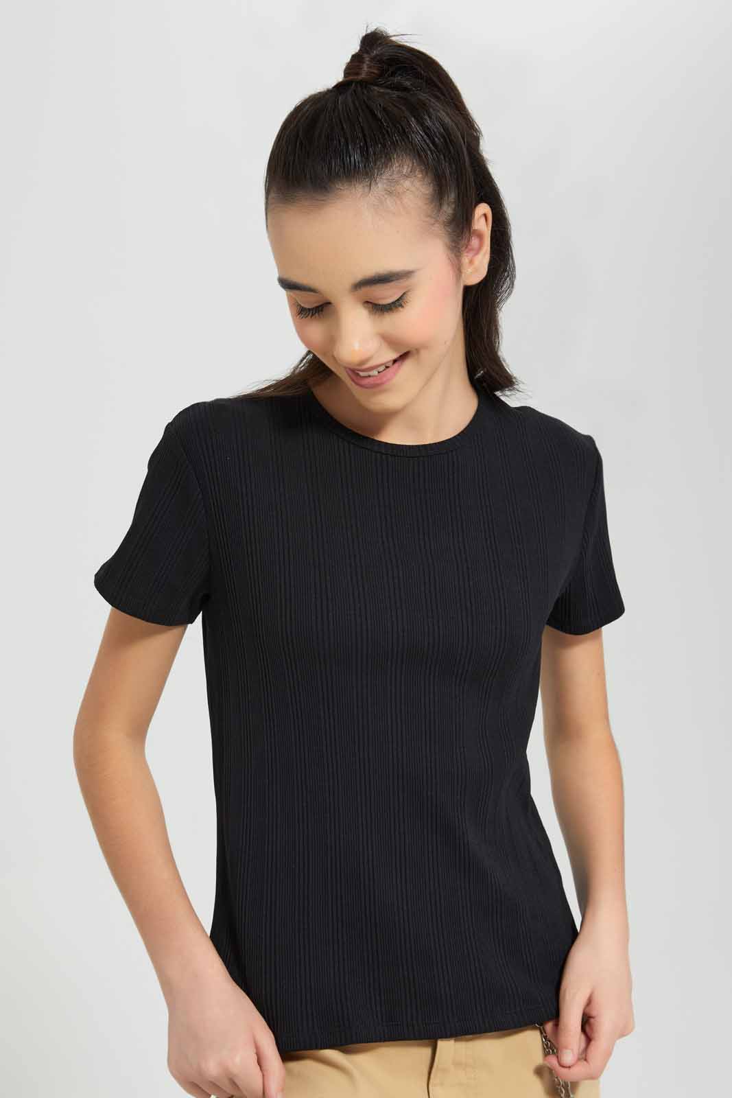 Redtag-Black-Rib-T-Shirt-Category:T-Shirts,-Colour:Black,-Deals:New-In,-Filter:Senior-Girls-(9-to-14-Yrs),-GSR-T-Shirts,-New-In-GSR-APL,-Non-Sale,-Section:Girls-(0-to-14Yrs),-TBL,-W22A-Senior-Girls-9 to 14 Years