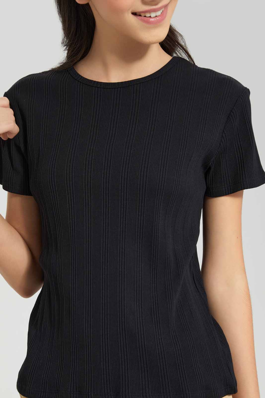 Redtag-Black-Rib-T-Shirt-Category:T-Shirts,-Colour:Black,-Deals:New-In,-Filter:Senior-Girls-(9-to-14-Yrs),-GSR-T-Shirts,-New-In-GSR-APL,-Non-Sale,-Section:Girls-(0-to-14Yrs),-TBL,-W22A-Senior-Girls-9 to 14 Years