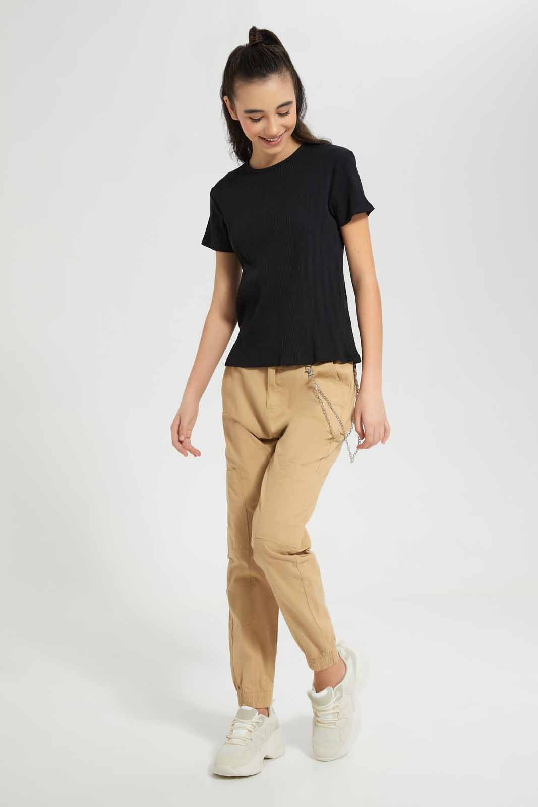 Redtag-Black-Rib-T-Shirt-Category:T-Shirts,-Colour:Black,-Deals:New-In,-Filter:Senior-Girls-(9-to-14-Yrs),-GSR-T-Shirts,-New-In-GSR-APL,-Non-Sale,-Section:Girls-(0-to-14Yrs),-TBL,-W22A-Senior-Girls-9 to 14 Years
