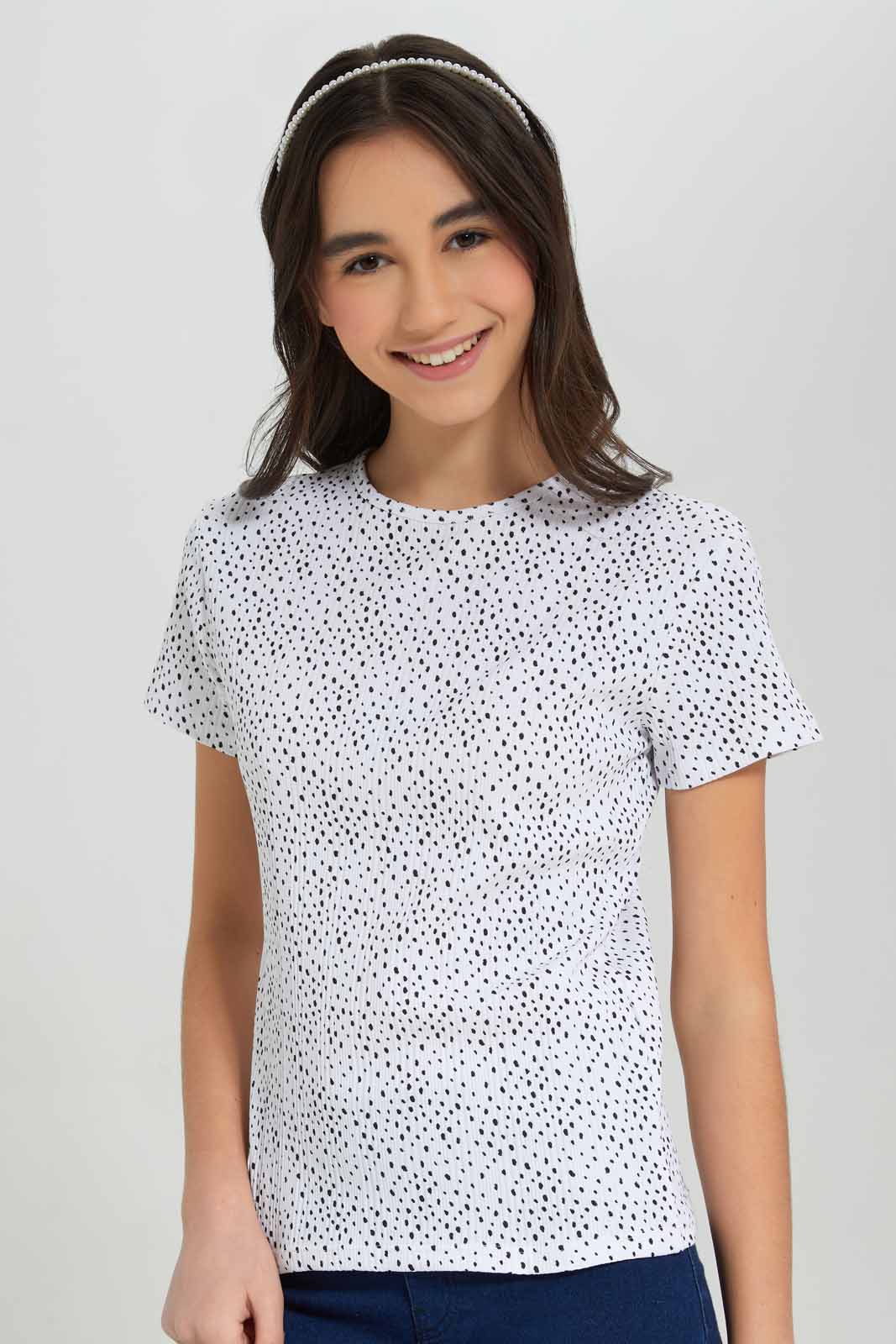 Redtag-White/Black-Polka-Dots-Rib-T-Shirts-Category:T-Shirts,-Colour:Assorted,-Deals:New-In,-Filter:Senior-Girls-(8-to-14-Yrs),-GSR-T-Shirts,-New-In-GSR-APL,-Non-Sale,-Section:Girls-(0-to-14Yrs),-TBL,-W22A-Senior-Girls-9 to 14 Years