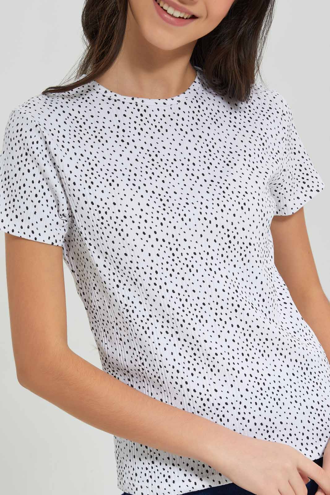Redtag-White/Black-Polka-Dots-Rib-T-Shirts-Category:T-Shirts,-Colour:Assorted,-Deals:New-In,-Filter:Senior-Girls-(8-to-14-Yrs),-GSR-T-Shirts,-New-In-GSR-APL,-Non-Sale,-Section:Girls-(0-to-14Yrs),-TBL,-W22A-Senior-Girls-9 to 14 Years