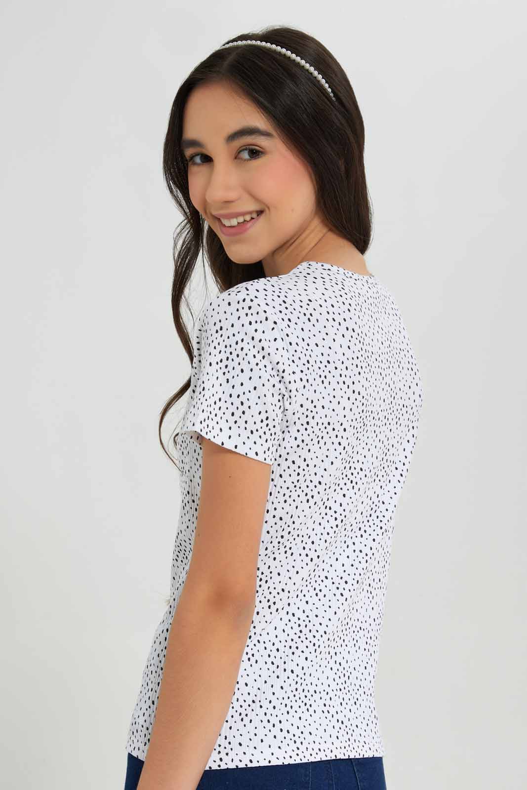 Redtag-White/Black-Polka-Dots-Rib-T-Shirts-Category:T-Shirts,-Colour:Assorted,-Deals:New-In,-Filter:Senior-Girls-(8-to-14-Yrs),-GSR-T-Shirts,-New-In-GSR-APL,-Non-Sale,-Section:Girls-(0-to-14Yrs),-TBL,-W22A-Senior-Girls-9 to 14 Years