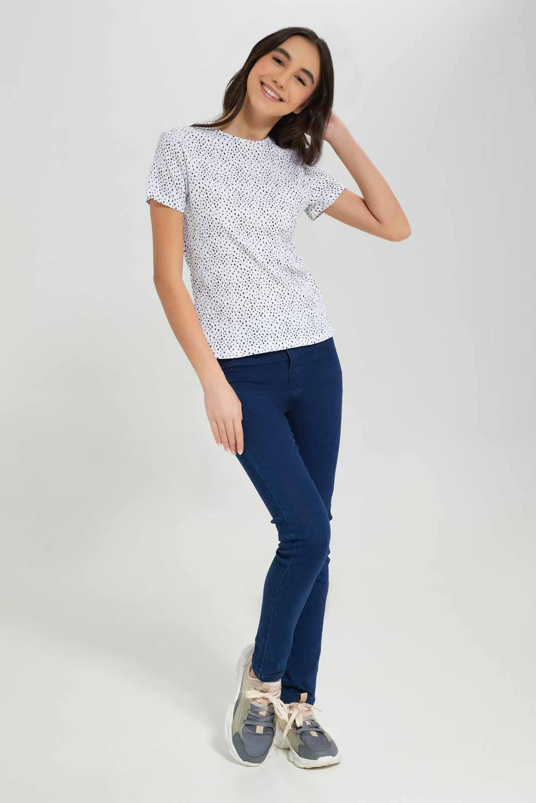 Redtag-White/Black-Polka-Dots-Rib-T-Shirts-Category:T-Shirts,-Colour:Assorted,-Deals:New-In,-Filter:Senior-Girls-(8-to-14-Yrs),-GSR-T-Shirts,-New-In-GSR-APL,-Non-Sale,-Section:Girls-(0-to-14Yrs),-TBL,-W22A-Senior-Girls-9 to 14 Years